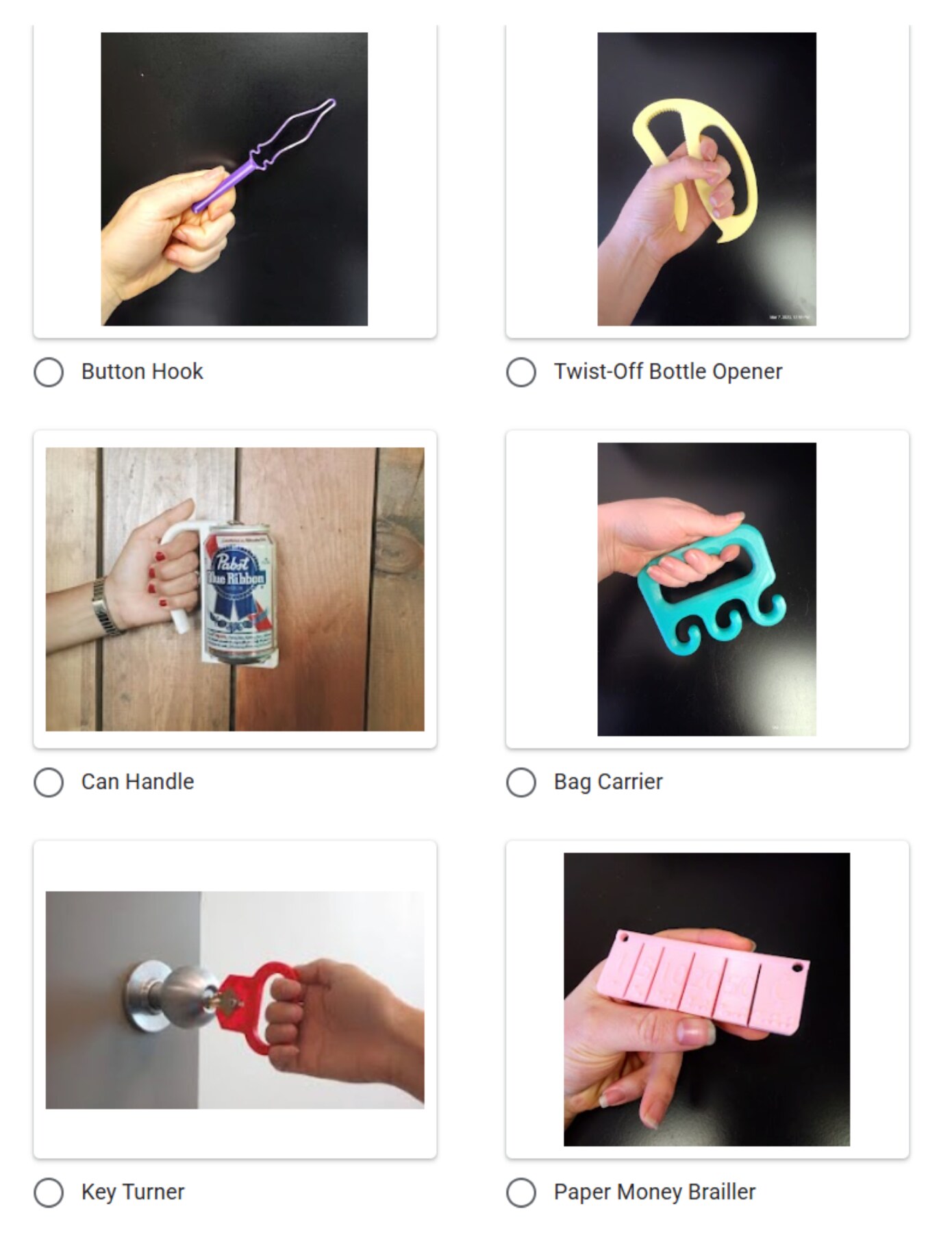 Catalogue showing several 3D-printed assistive devices available through the program