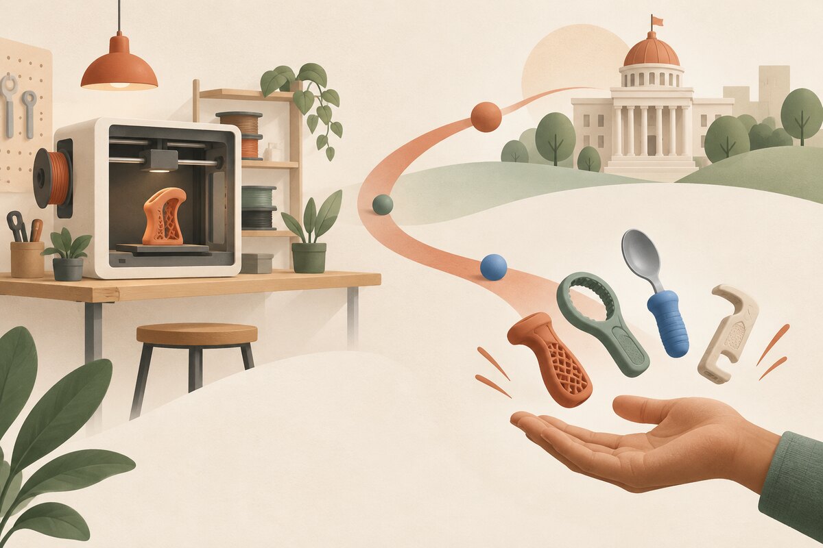 Illustration of a 3D-printing program connecting a university, government, and assistive-device recipients