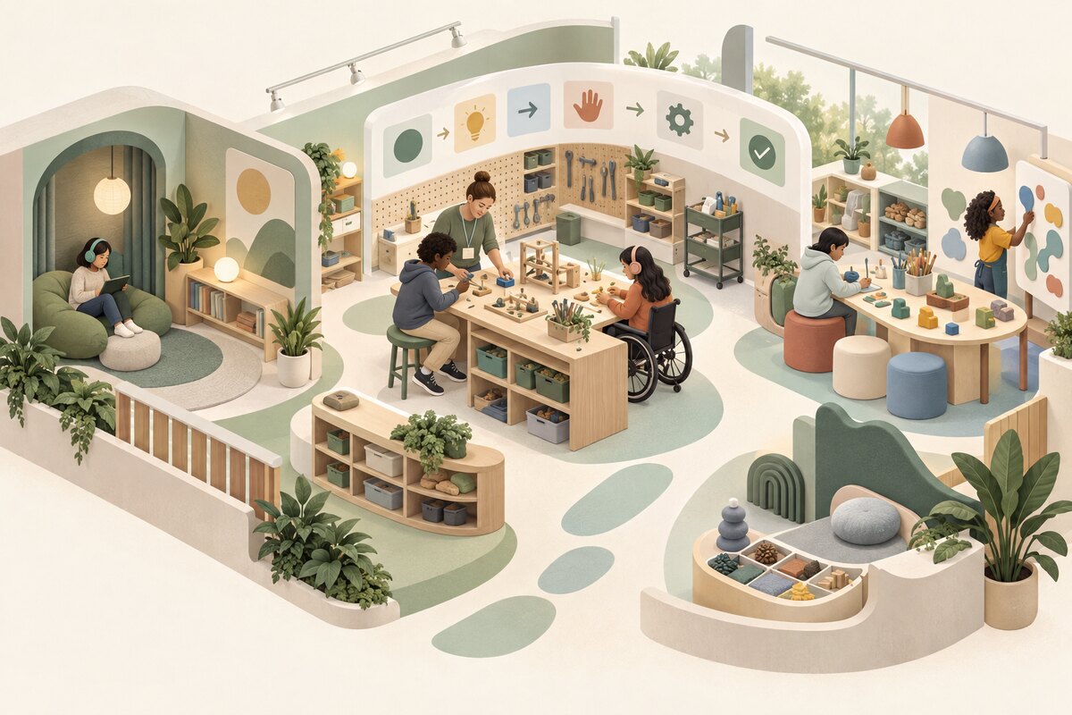 Illustration of an organized, sensory-aware inclusive makerspace